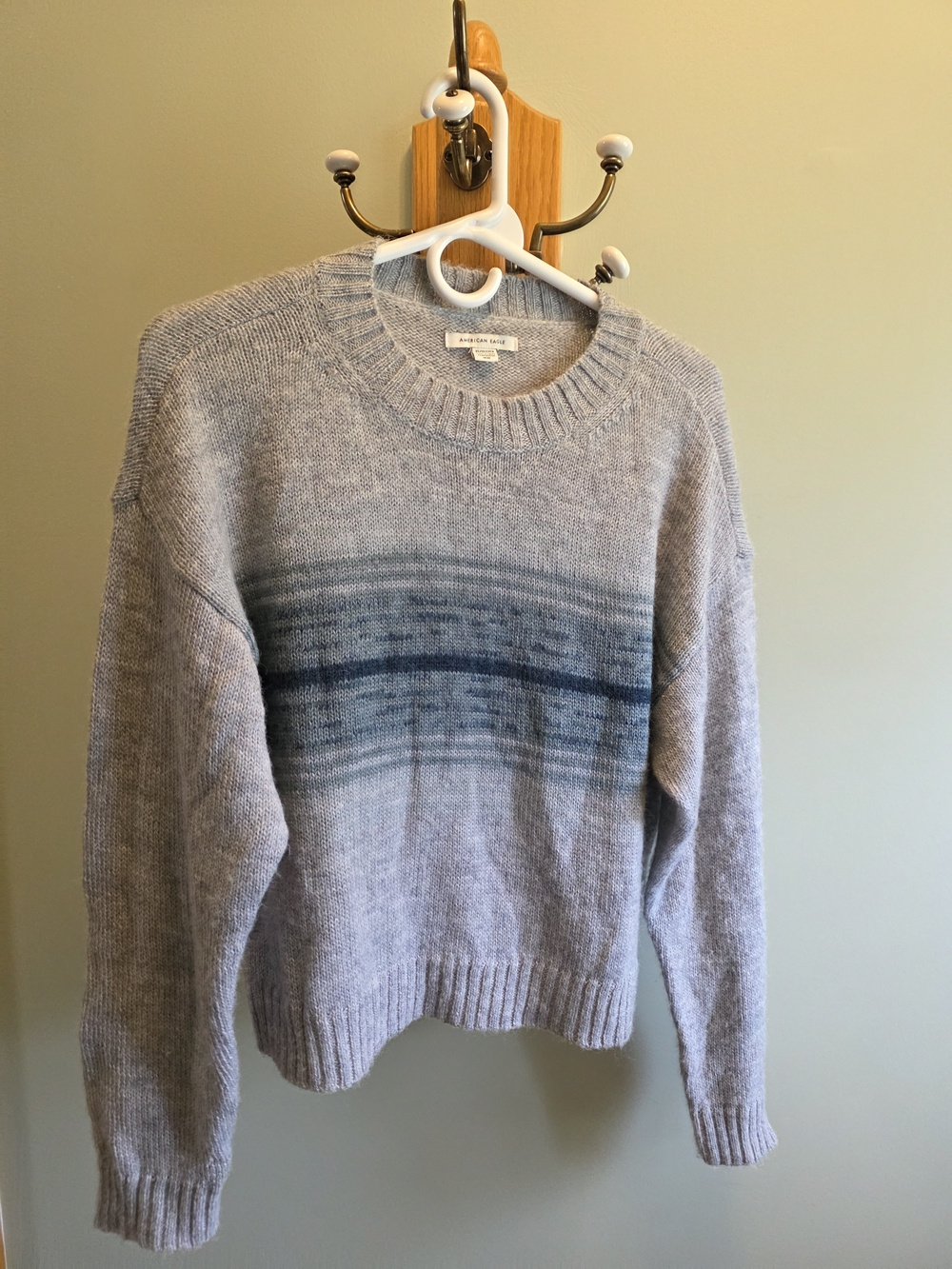 American Eagle Outfitters Light Gray Crewneck Sweater with Blue Stripe Detail